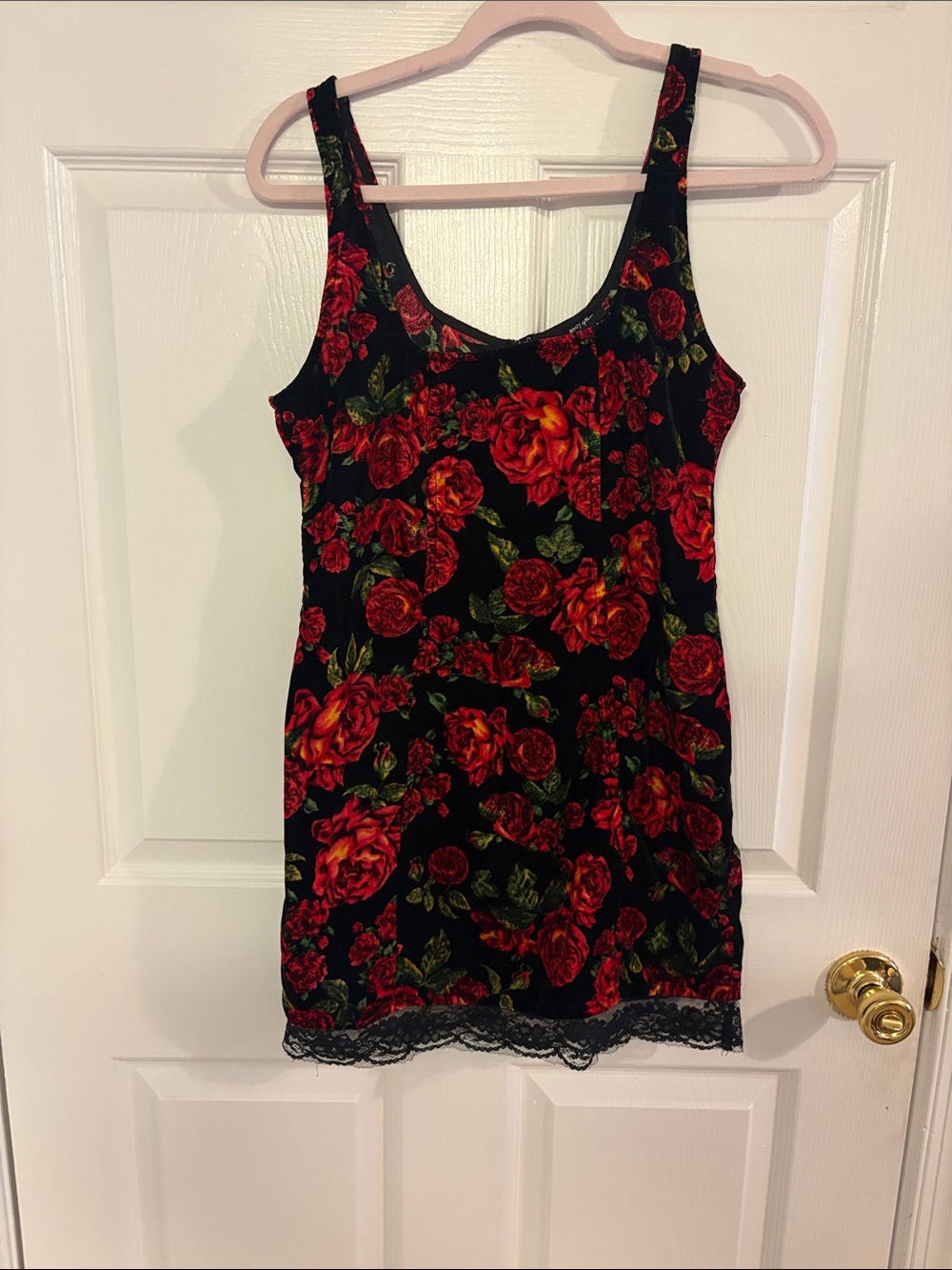 Nasty Gal Black Floral Lace-Trim Slip Dress with Red Roses